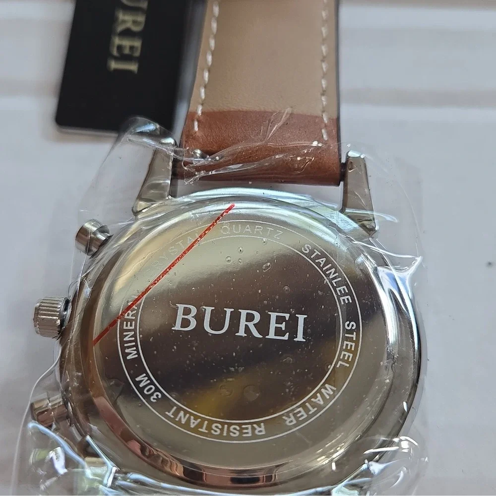Burei 45mm Chrono Mens Watch. Brown Leather Strap,Quartz Mvmnt,Blue Dial,Analog